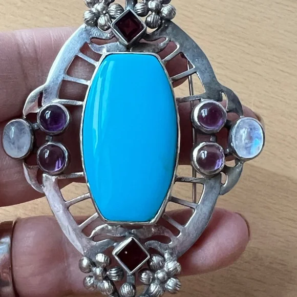 HUGE VINTAGE TURQUOISE AMETHYST GARNET MOONSTONE PENDANT PIN BROOCH 925STERLING
